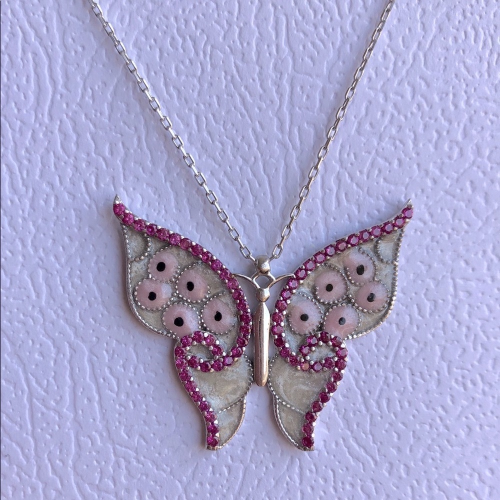 925 Silver butterfly cz enamel evil eye necklace
